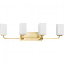  P300371-012 - Cowan Collection Four-Light Modern Satin Brass Etched Opal Glass Bath Vanity Light